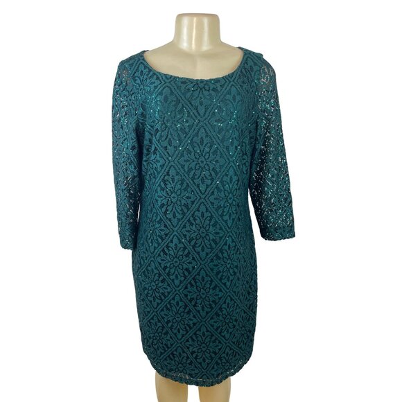 Jessica Howard Teal Sequin Lace Sheath Dress Scoop Neck 3/4 Sleeve Size 16 - Picture 1 of 8